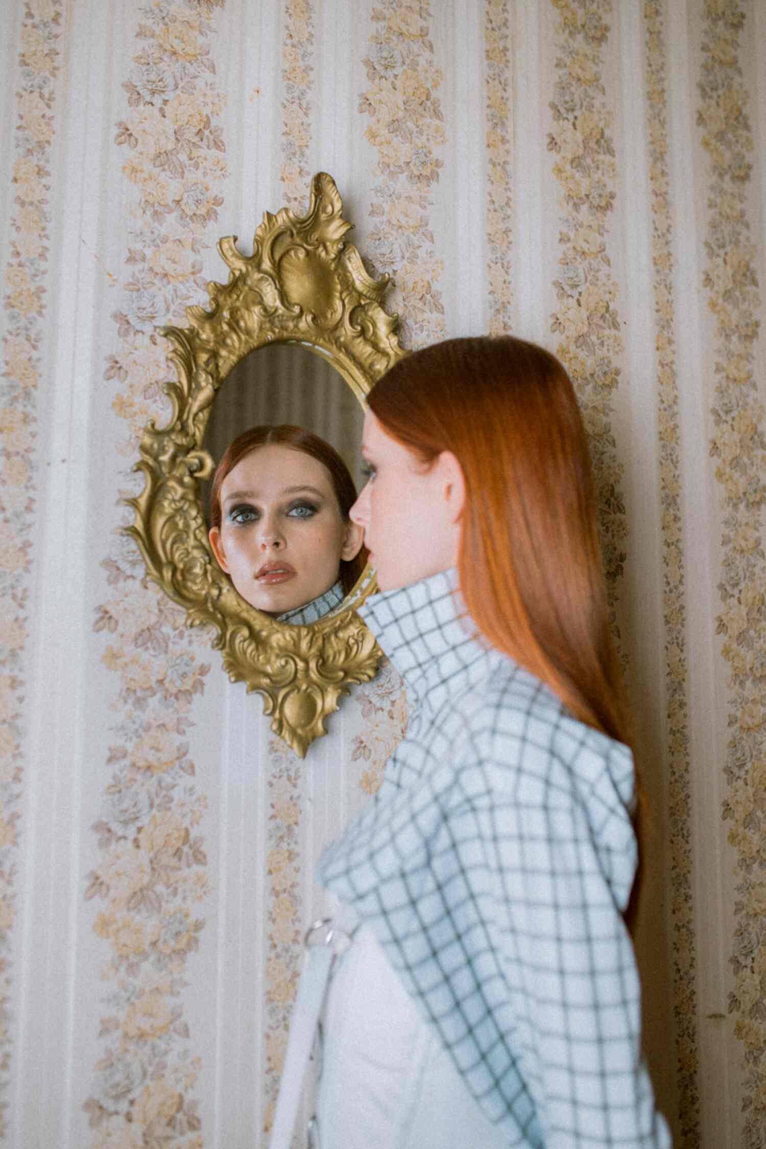Model Weronika Siesicka in an Alexander McQueen shirt, vintage corset, and a Dolce & Gabbana skirt styled by Kacper Zajkiewicz.