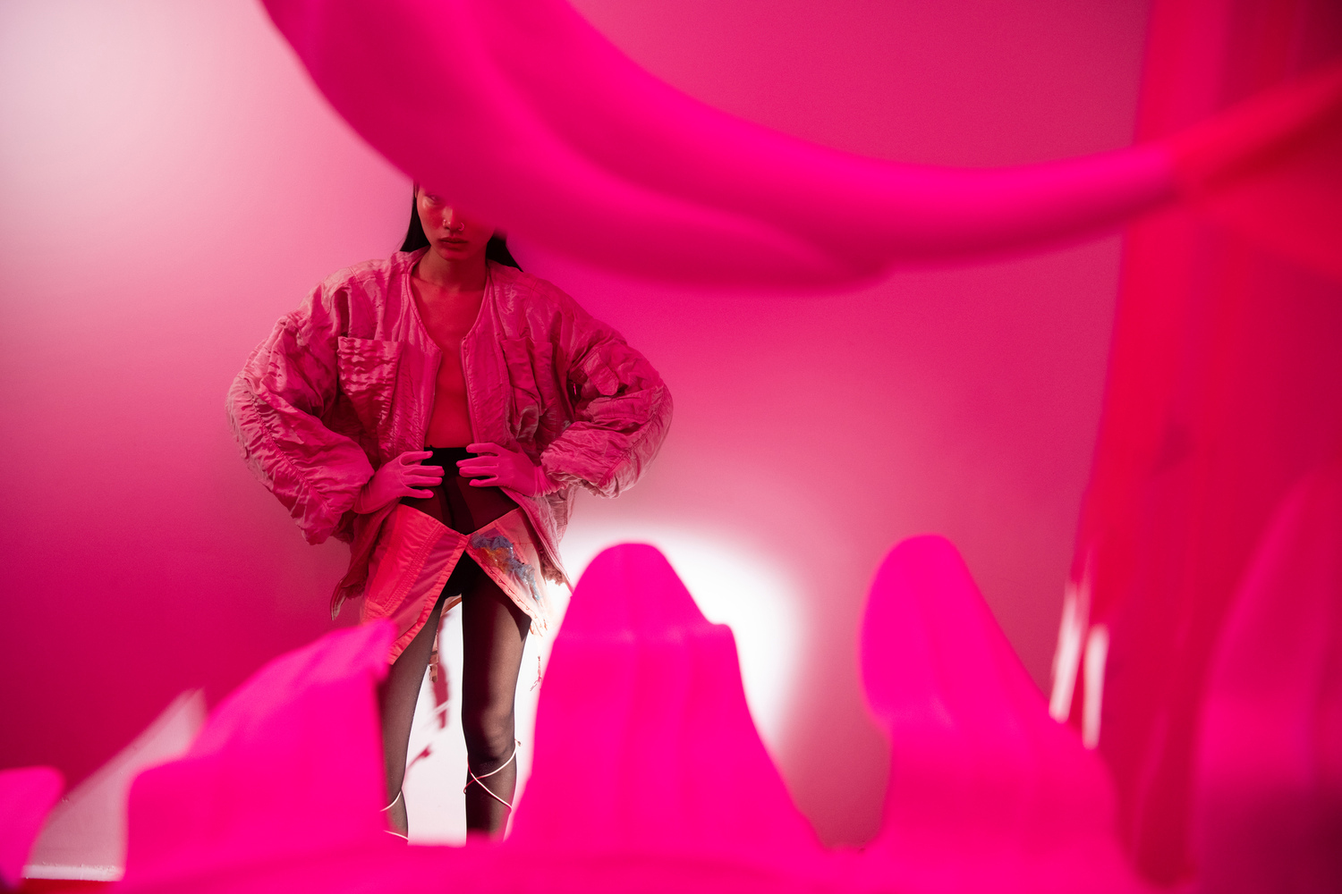 Synthetic Seduction fashion editorial inspired by the exhibition of Alejandro Montero Bravo in Scope Berlin
