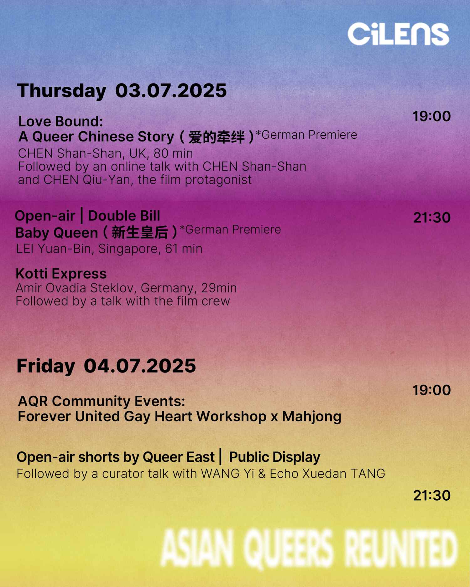 Asian Queers Reunited schedule presented by CiLENS