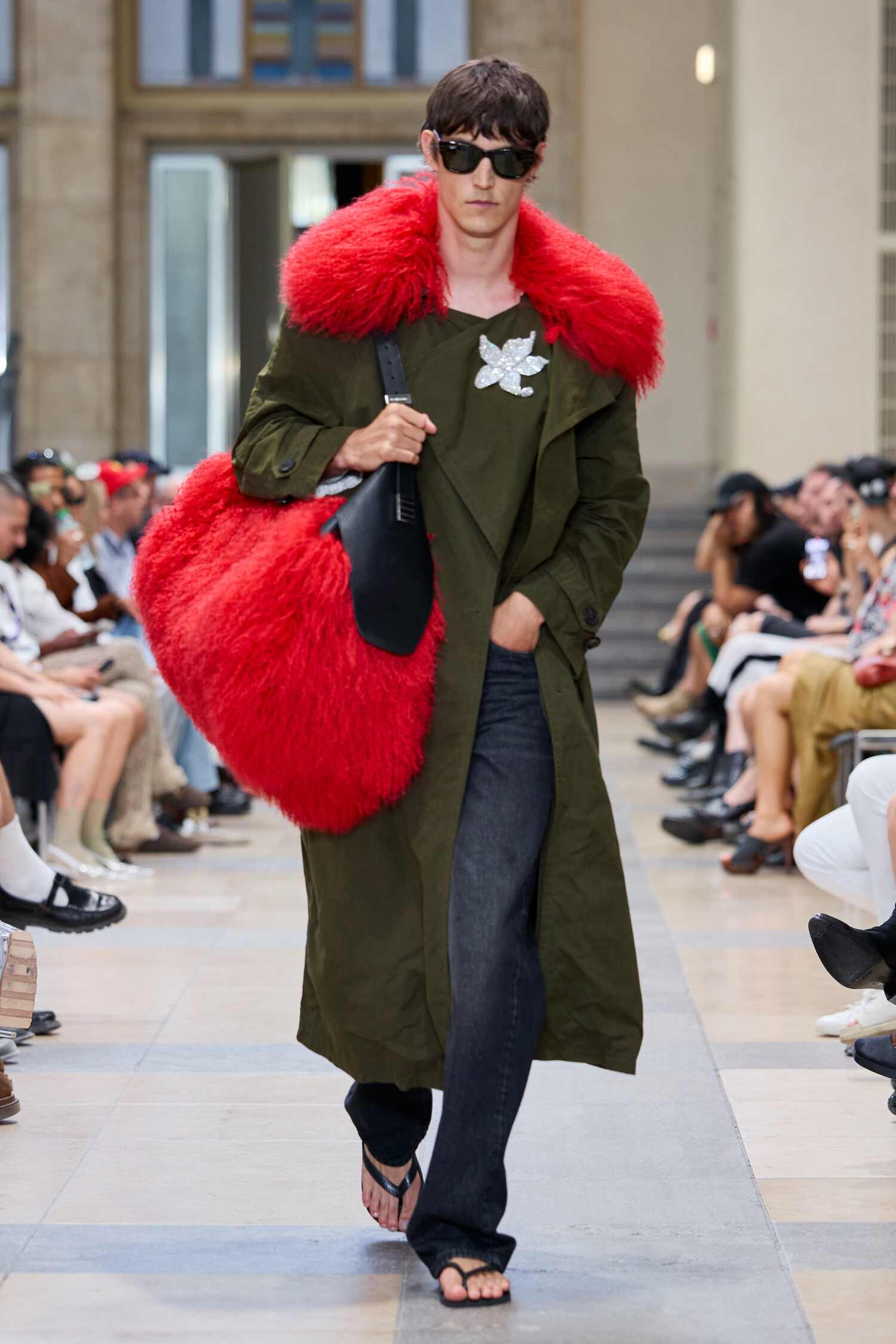Red fur collars and oversized red fur bag at David Koma SS26 BFW