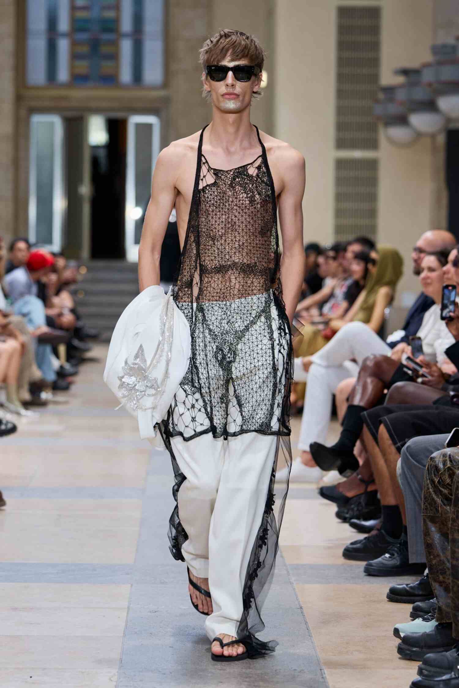 Sheer crochet apron with Michaelangelo detailing at David Koma SS26 BFW