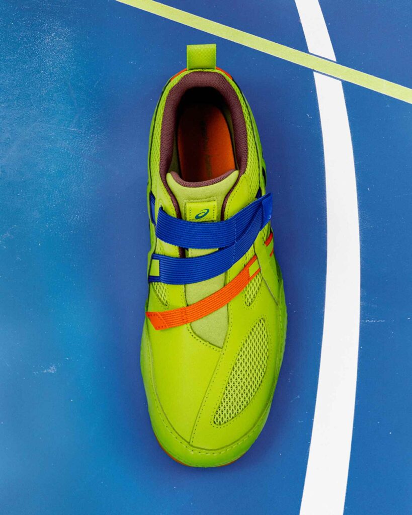 Birds Eye view showcasing the taping of the sneaker in its yellow/blue variation