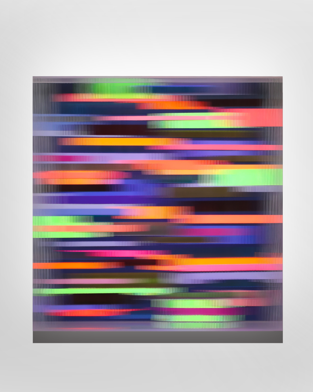 Abstract glass artwork by Christiane Grimm featuring layered horizontal bands of neon green, pink, orange, purple, and black against a pale background.