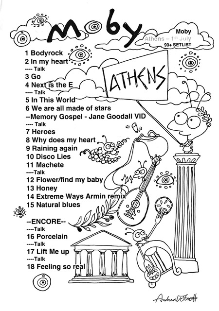 set list artwork by Andrea Whitt from Moby's Athens show